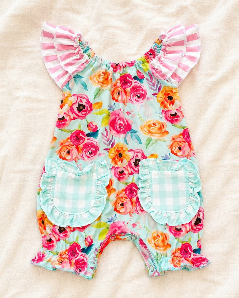 Clover Cottage 0-6M Baby Girl Floral Ruffle Romper Gingham Pockets Boutique